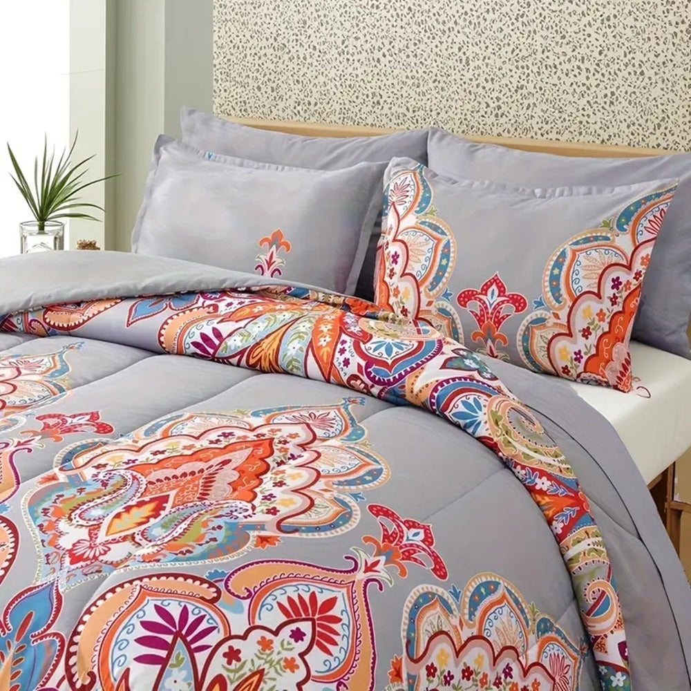 Comforter Set, Boho Pattern, Gray With Rainbow Floral