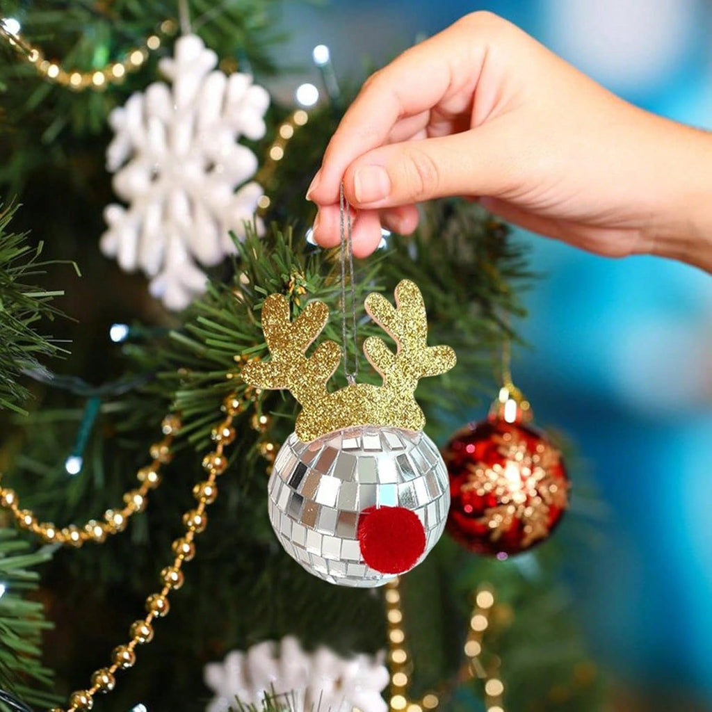 5 Pcs Disco Mirror Christmas Ball Pendants With Elk Antlers Cute Disco Ball Accessories Car Disco Mirrors Deer Antler Ornament Halloween Props For Xmas Trees Garlands Music Festival Birthday Party Dec
