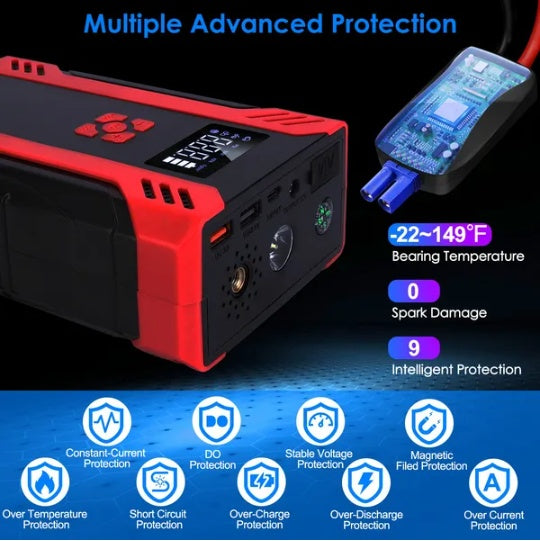 Portable Car Jump Starter with Air Compressor – 2000A Peak Battery Booster & Digital Tire Inflator for 12V Vehicles (Up to 6.5L Gas / 4.0L Diesel)