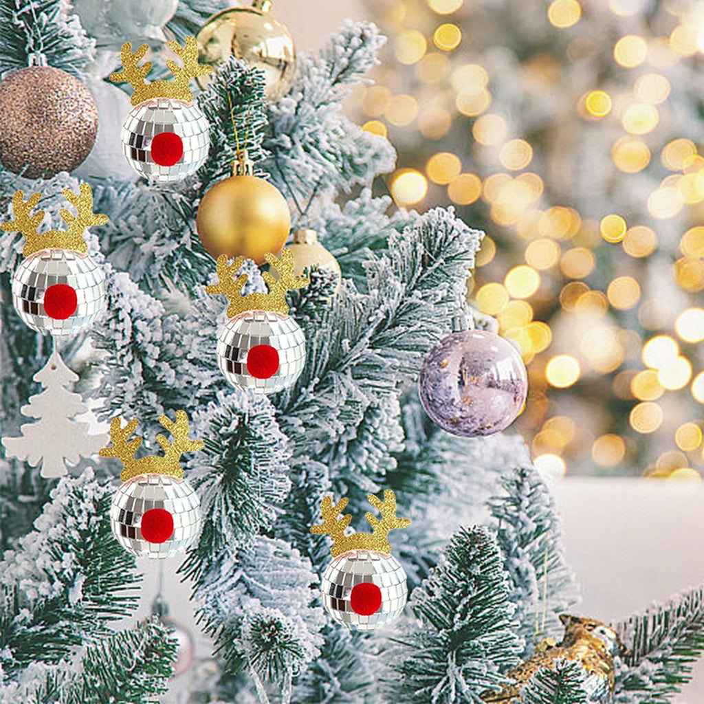 5 Pcs Disco Mirror Christmas Ball Pendants With Elk Antlers Cute Disco Ball Accessories Car Disco Mirrors Deer Antler Ornament Halloween Props For Xmas Trees Garlands Music Festival Birthday Party Dec