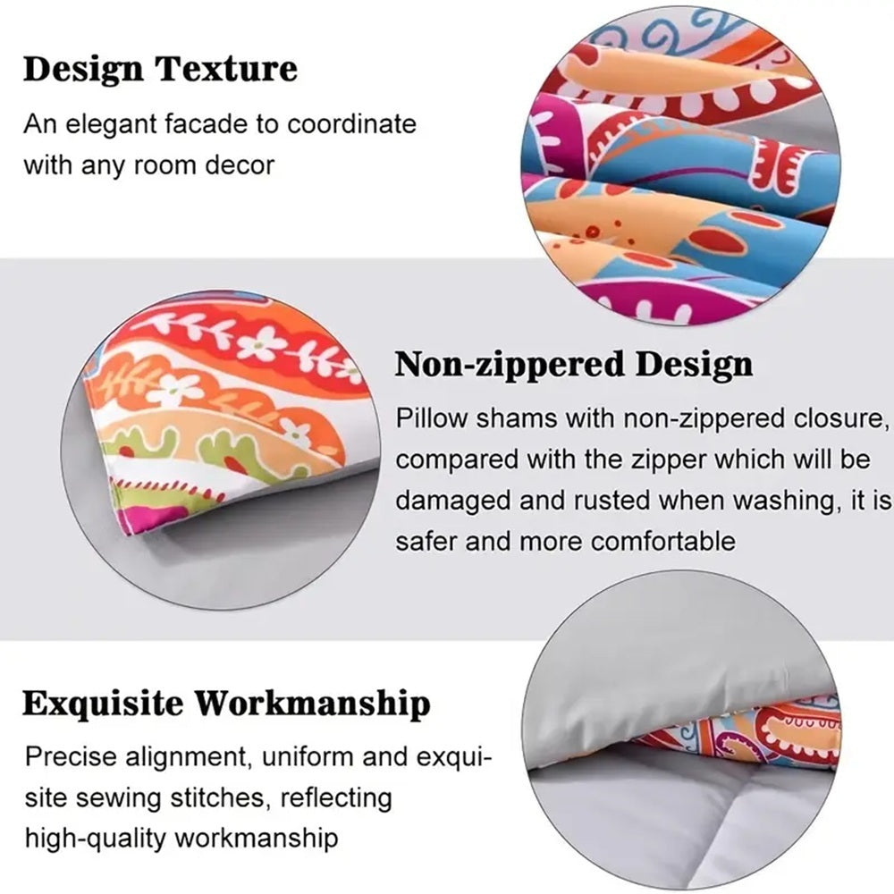 Comforter Set, Boho Pattern, Gray With Rainbow Floral