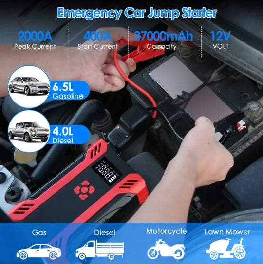 Portable Car Jump Starter with Air Compressor – 2000A Peak Battery Booster & Digital Tire Inflator for 12V Vehicles (Up to 6.5L Gas / 4.0L Diesel)