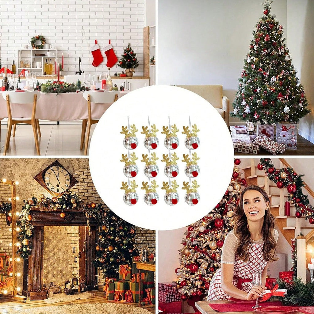 5 Pcs Disco Mirror Christmas Ball Pendants With Elk Antlers Cute Disco Ball Accessories Car Disco Mirrors Deer Antler Ornament Halloween Props For Xmas Trees Garlands Music Festival Birthday Party Dec