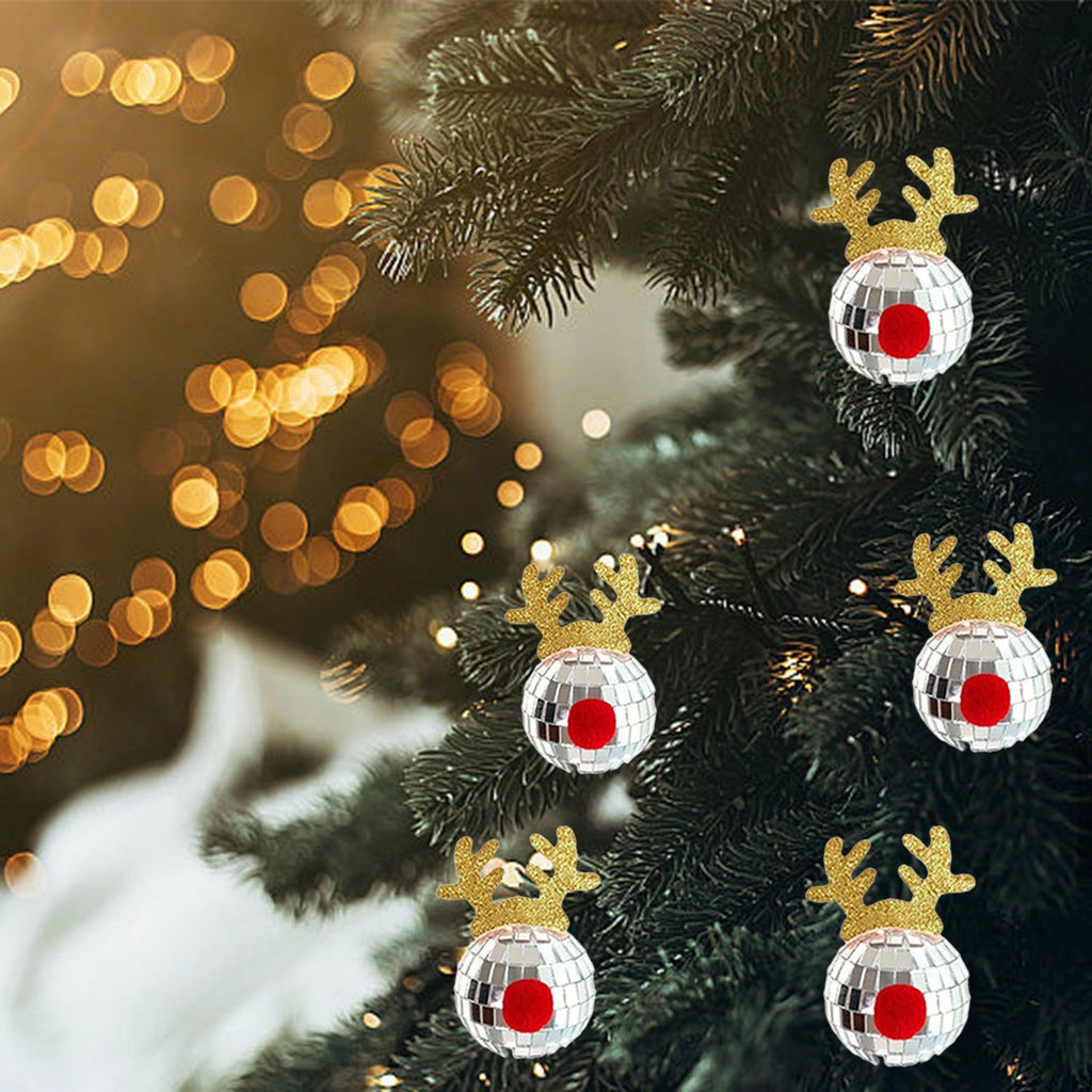 5 Pcs Disco Mirror Christmas Ball Pendants With Elk Antlers Cute Disco Ball Accessories Car Disco Mirrors Deer Antler Ornament Halloween Props For Xmas Trees Garlands Music Festival Birthday Party Dec