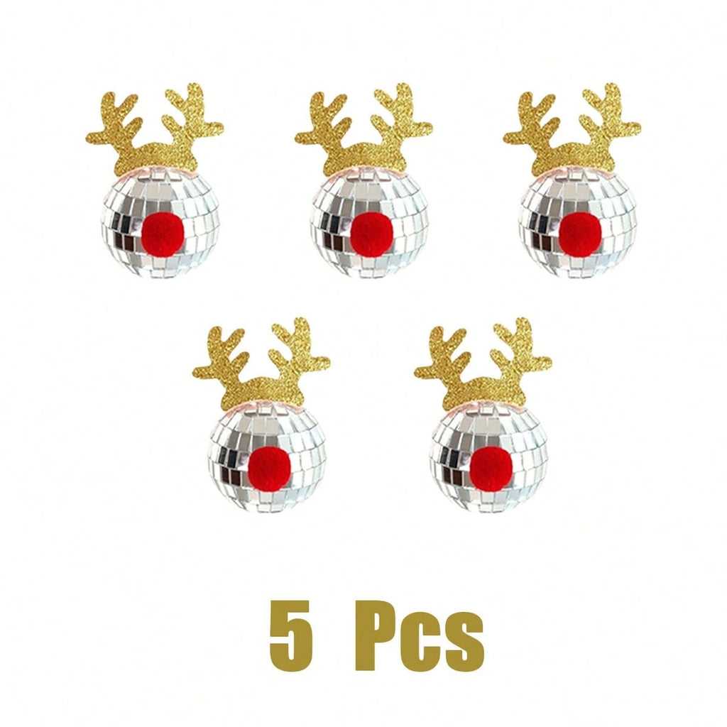 5 Pcs Disco Mirror Christmas Ball Pendants With Elk Antlers Cute Disco Ball Accessories Car Disco Mirrors Deer Antler Ornament Halloween Props For Xmas Trees Garlands Music Festival Birthday Party Dec